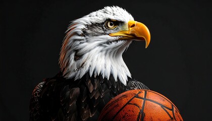 A majestic bald eagle, its piercing gaze fixed, cradles a basketball against a dark, studio backdrop. The bird?s sharp beak and feathers are detailed