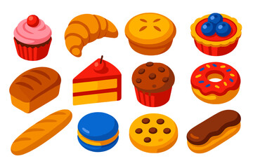 Bakery Icons Set. Isometric vector illustration set Bakery Display Items: cupcake, croissant, pie, tart, bread loaf, cake slice,