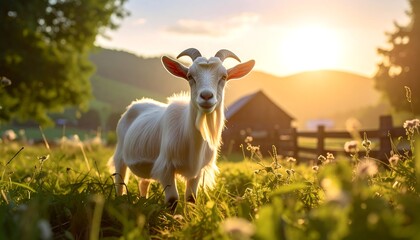 A picturesque pastoral scene showing a white goat standing in a sunlit meadow, with a barn and rolling hills in the background