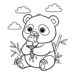 Panda eating ice cream dessert outline illustration