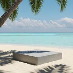 Serene Seaside Stage: A minimalist concrete stage nestles on a sun-kissed beach, inviting product displays. Palm fronds cast playful shadows over the scene.