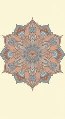Intricate, symmetrical floral design displays an elegant, ornamental pattern with soft peach, blue, and gray tones.