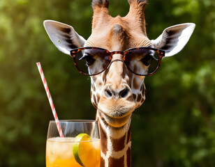 Portrait of giraffe in sunglasses with cocktail, portrait of a giraffe, giraffe close up