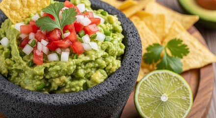 Fresh guacamole avocado dip with tortilla chips and lime