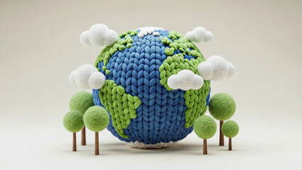 Cute Knitted Earth Globe with Trees and Clouds, Eco-Friendly Concept