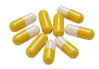 Isolated capsules with yellow cover and small pellets inside, pills lying on surface, drugs
