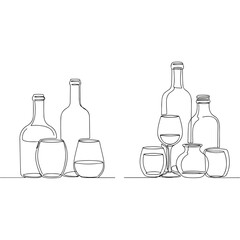 Wine bottles and glasses arranged in minimalist line art style