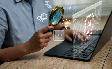 Man using magnifying glass with AI data assistant visualization on laptop, Concept artificial intelligence machine learning, big data analysis, digital research multimedia future technology innovation