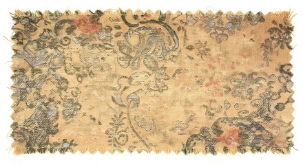 Intricate floral design on antique fabric, revealing subtle patterns and textures. A close-up of vintage fabric showcasing an aged and ornamented floral design. 