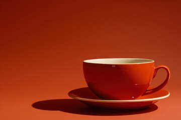 Obraz premium A vibrant orange ceramic coffee cup and saucer cast a shadow on a matching backdrop