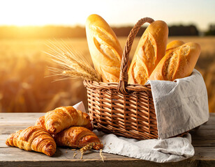 Basket Of Fresh Breads In Rustic Kitchen With Warm Sunlight And Croissants