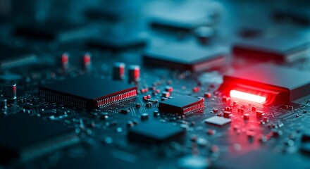 Modern computer motherboard with vibrant red light showcasing advanced technology innovation and intricate design for high tech industry applications