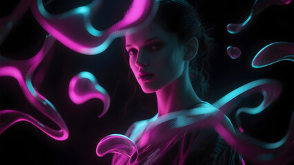A Dreamer's Veil: A woman is encircled by neon fluid with dark background, evoking a sense of mystery and artistic vision, a symphony of light and form. 
