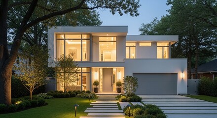 Modern minimalist house evening light architecture real estate luxury
