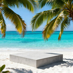 Serene Seaside Stage: An inviting beach scene where a modern minimalist stage sits against the backdrop of a crystal-clear ocean under the sun, framed by lush palm fronds.