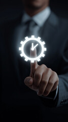Businessman Touching Gear and Time Icon Representing Process Automation, Workflow Optimization and Effective Time Management, Vertical