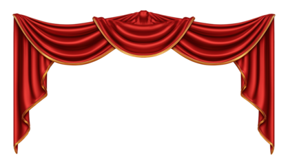 Red velvet theater curtain with decorative draping, isolated on a transparent background