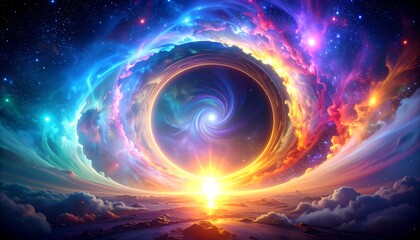 Obraz premium A mesmerizing cosmic scene with a swirling portal of light and color above a sea of clouds and a radiant sunrise