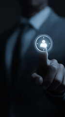 Businessman Touching Time and Employee Icon Representing Workforce Scheduling, Productivity Management and Optimizing Employee Performance, Vertical