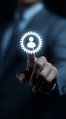Businessman Touching Gear and Person Icon Representing Human Resources Management, Employee Performance and Workforce Optimization, Vertical