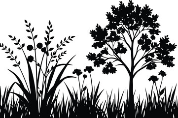  showcasing a lush collection of wildflowers and grasses in the foreground, with a silhouette of a tree adding depth and tranquility