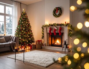 Festive living room interior with decorated Christmas tree, glowing fireplace, red stockings, holiday garland, and wreath