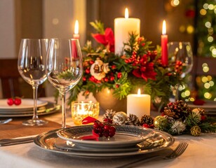 Elegant Christmas dinner table setting with candles and festive decorations