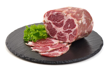 Capocollo cured meat with Slices, isolated on white background
