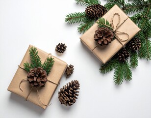 Eco Christmas flat lay with kraft paper gifts and pine cones on white background