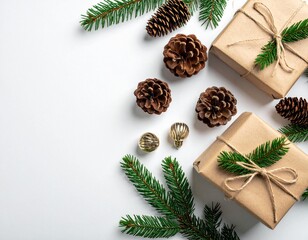 Minimalist eco Christmas flat lay with kraft paper gifts, pine cones and fir branches on white background