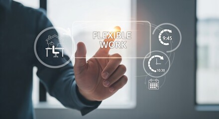 Fototapeta premium A Professional Adult Male Engaging with a Digital Interface Showcasing Flexible Work Options and Metrics in a Modern Office Environment