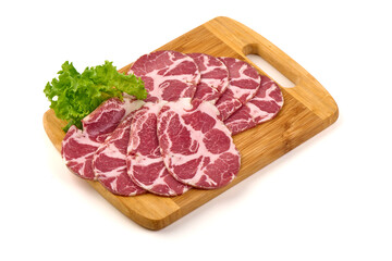 Capocollo cured meat Slices, isolated on white background.