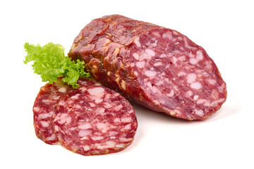Salami Napoli Slices with Lettuce, isolated on white background