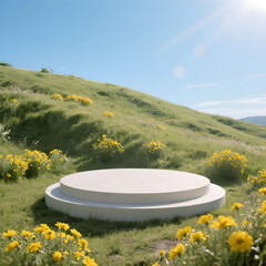 Idyllic Stage in Nature's Embrace: A pristine circular stage is nestled gracefully amidst a serene landscape, embodying the beauty of simplicity and presenting a sense of boundless opportunity.