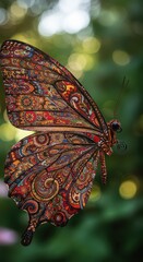 Intricate and colorful butterfly displays a detailed pattern of artistic designs on its wings, resting against a blurred, vibrant green background with soft, circular bokeh, showcasing nature's...