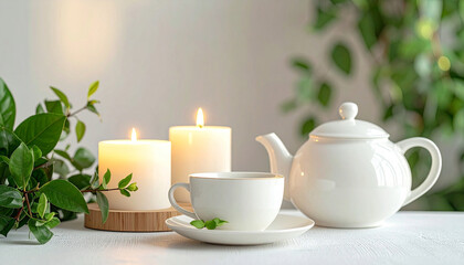 Fototapeta premium Image of Serene tea setting with teapot, cup, candles, and greenery, soft lighting