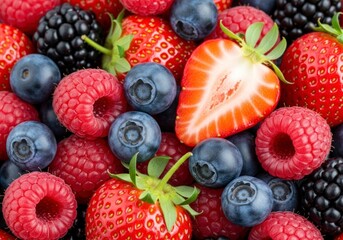 Obraz premium Vibrant Tapestry of Fresh Summer Berries with a Sliced Strawberry Centerpiece.