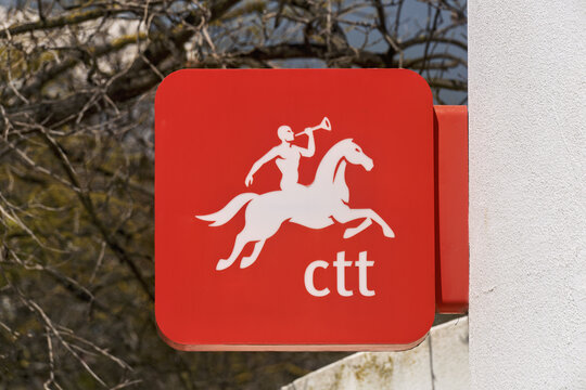 Portimao, Portugal - may 14, 2025 : sign and logo of CTT &ndash; Correios de Portugal, S.A a Portuguese company that operates as both the national postal service