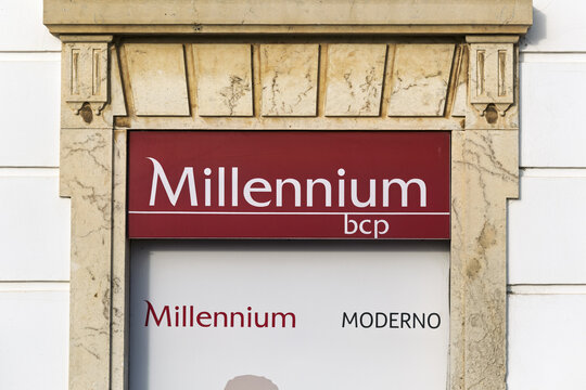 Portimao, Portugal - may 14, 2025 : sign and logo of Millennium BCP, Banco Comercial Portugu&ecirc;s BCP,  a Portuguese bank