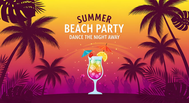 Vibrant summer beach party tropical cocktail silhouette palm trees sunset gradient background - Powered by Adobe