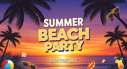 Vibrant summer beach party invitation with palm trees and sunset sky