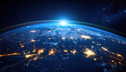 Obraz premium Sunrise Over Illuminated Earth with City Lights and Atmospheric Glow in Dark Blue Space