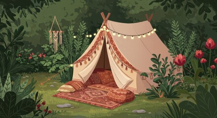 Scenic illustration depicts a cozy camping tent nestled within a lush, green forest setting, adorned with string lights and decorative elements.