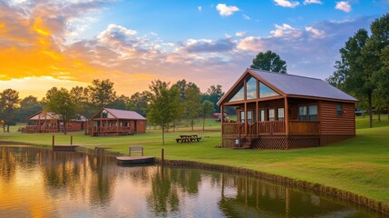Fototapeta premium Lakeside Cabins basking in the warm sunlight at sunset