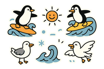 Obraz premium Surfing Penguins Stickers. Vector doodle stickers: playful penguins surfing on waves, cheerful sun, seagulls with smiles,