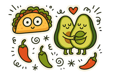 Playful Food Doodles. Funny doodle stickers: taco with eyes, avocado halves hugging, tiny peppers, playful doodle details, white