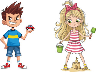 Cartoon boy holding toy car, girl with bucket and shovel, playful children illustration, happy kids character design, outdoor sandcastle activity scene