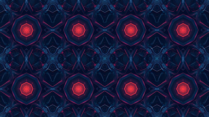 Vibrant red and blue abstract geometric pattern with repeating circular shapes.
