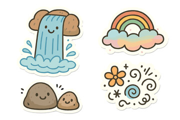 Fototapeta premium Whimsical Waterfall Stickers. Whimsical doodle stickers: waterfall with a happy face, rocks smiling, rainbow mist, playful doodle