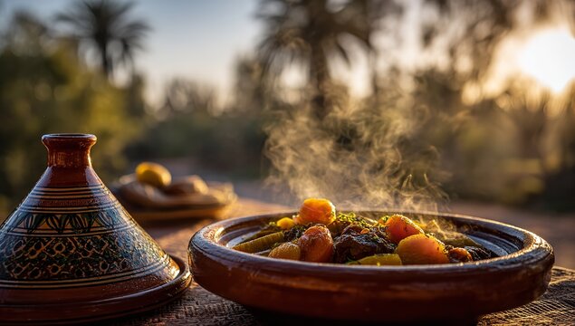Steaming hot Moroccan tagine dish served outdoors in golden sunset light, a culinary delight for travel and food enthusiasts